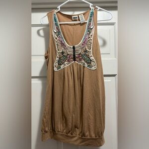 Route 66 Tan Sleeveless Blouse with Embroidery